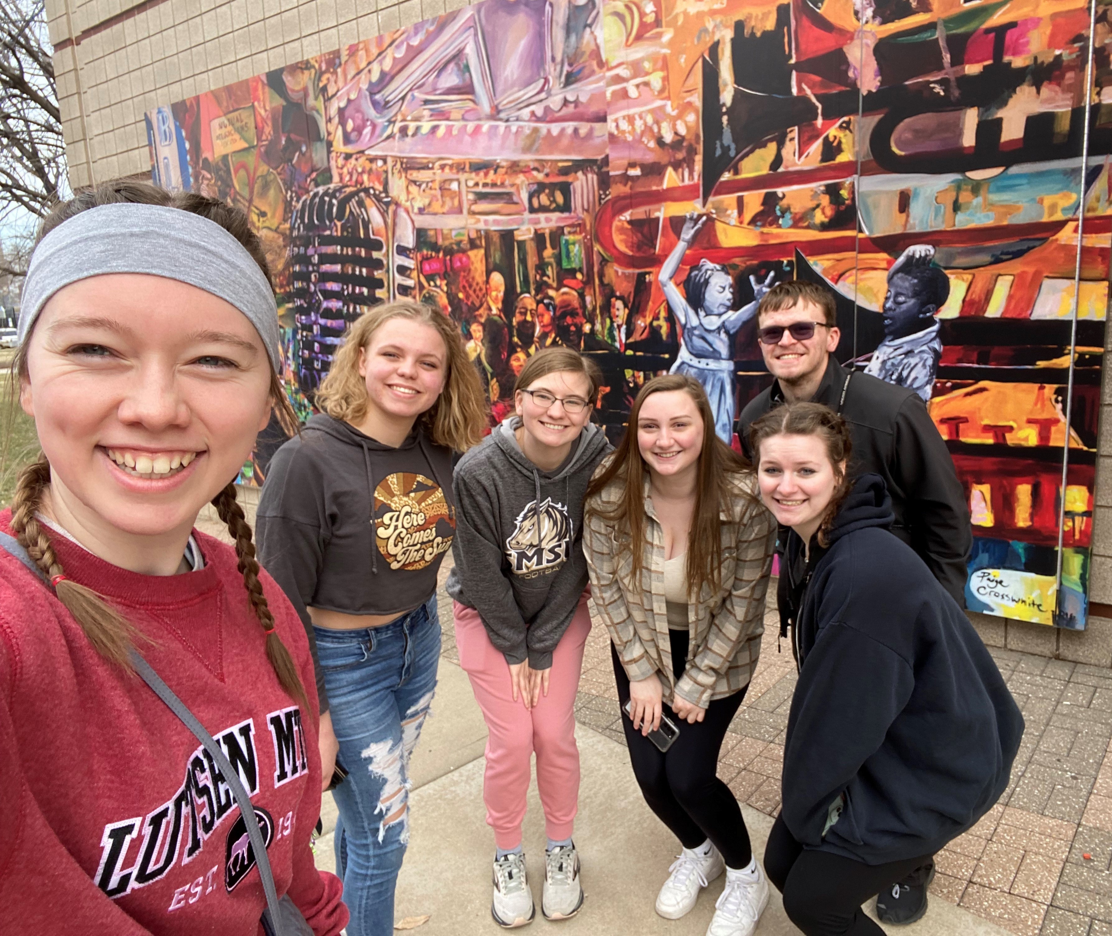 Jazz Students posing outside of the American Blues Museum in Kansas City