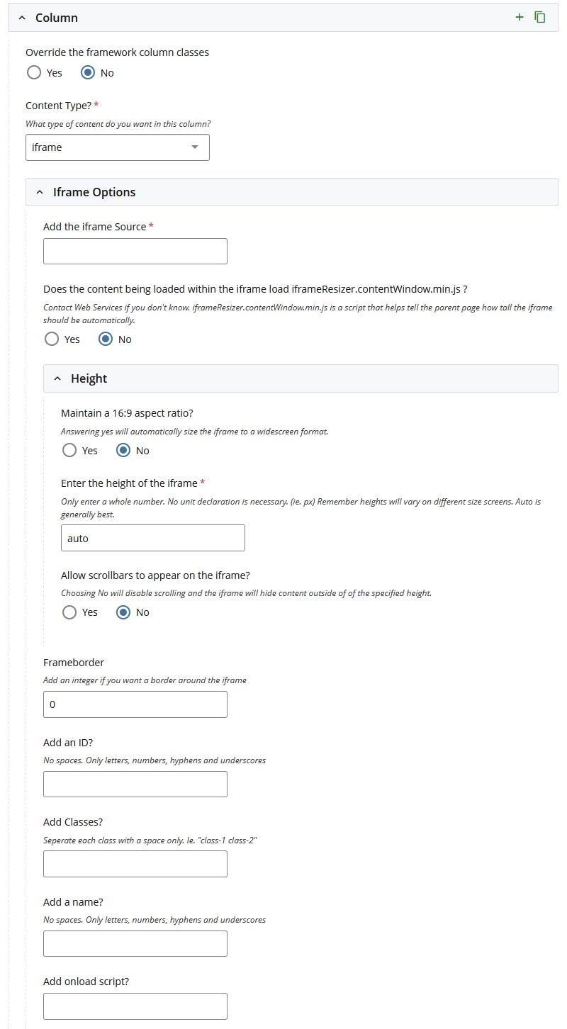 iframe component options