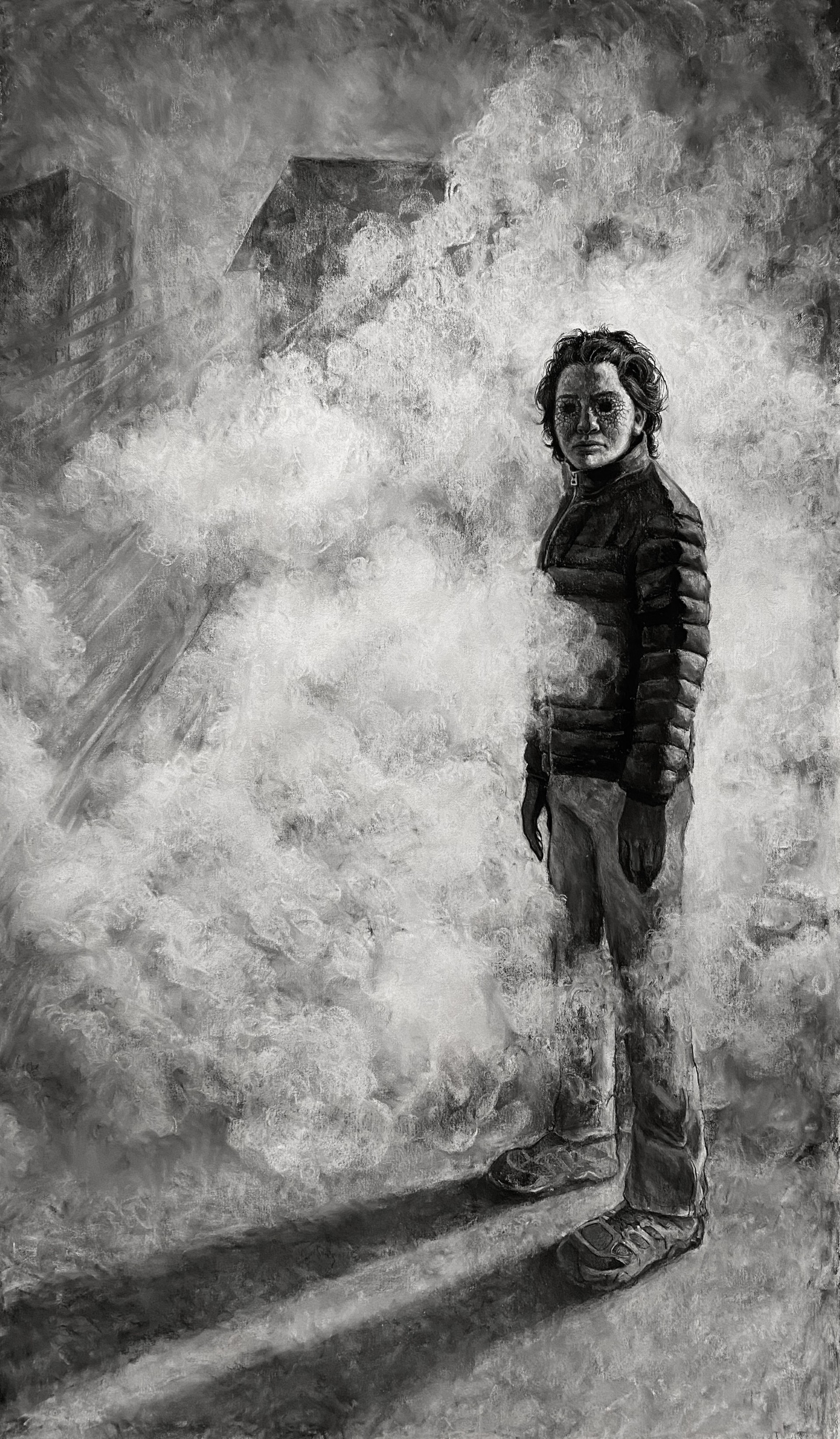 drawing of person standing in blowing snow