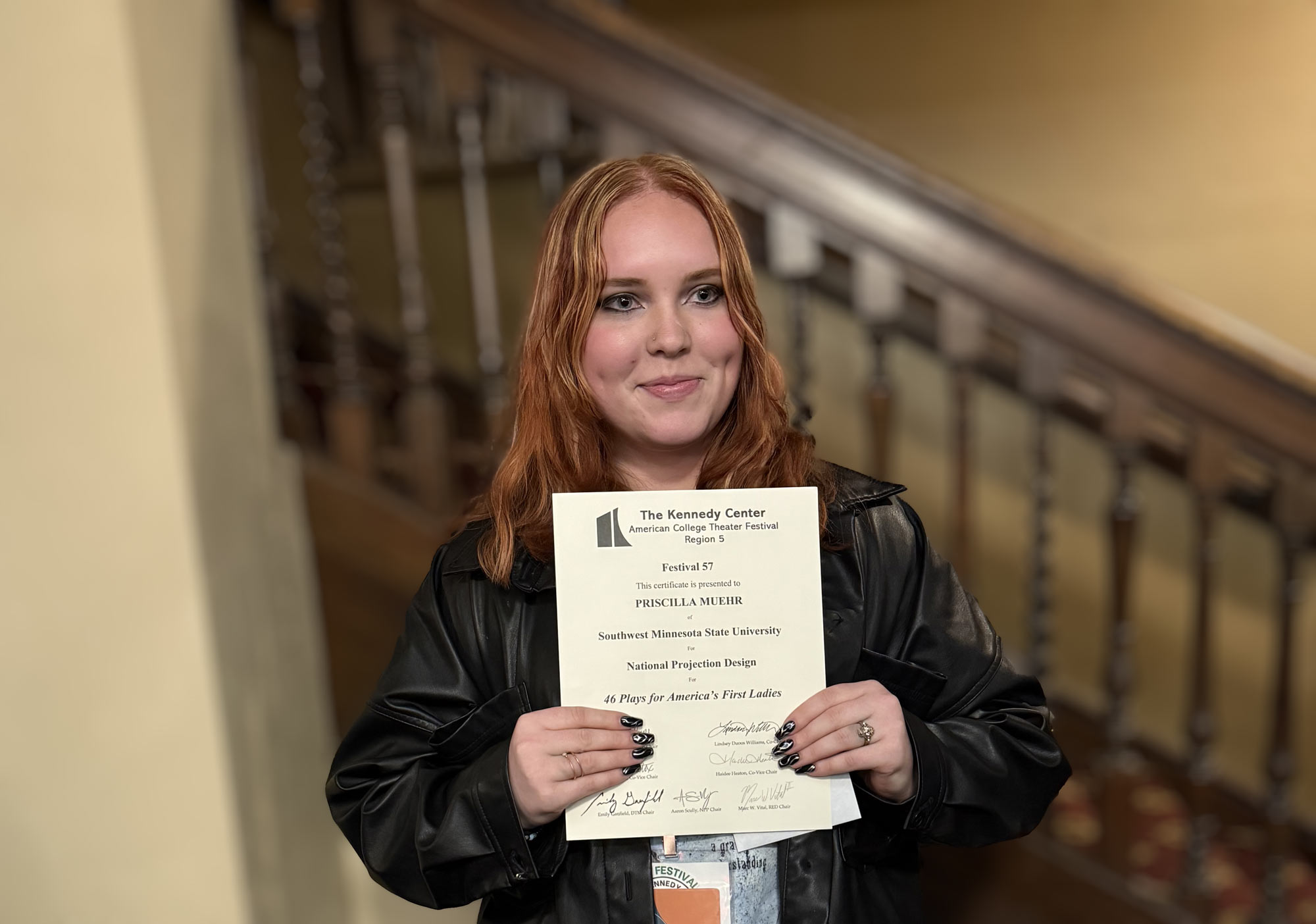 Priscilla Muehr with her KCACTF award, submitted photo